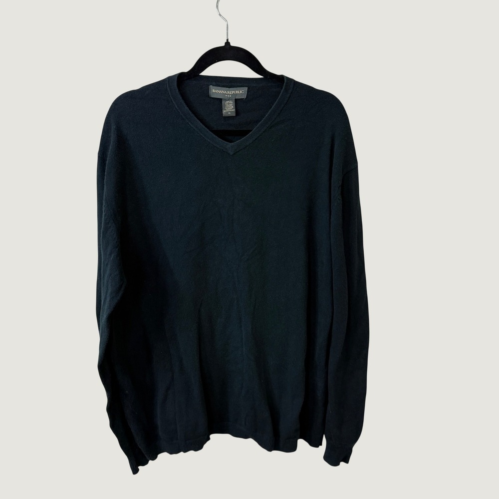 Banana Republic Mens XL V-Neck Sweater Black Pima Cotton Blend Preppy Minimalist